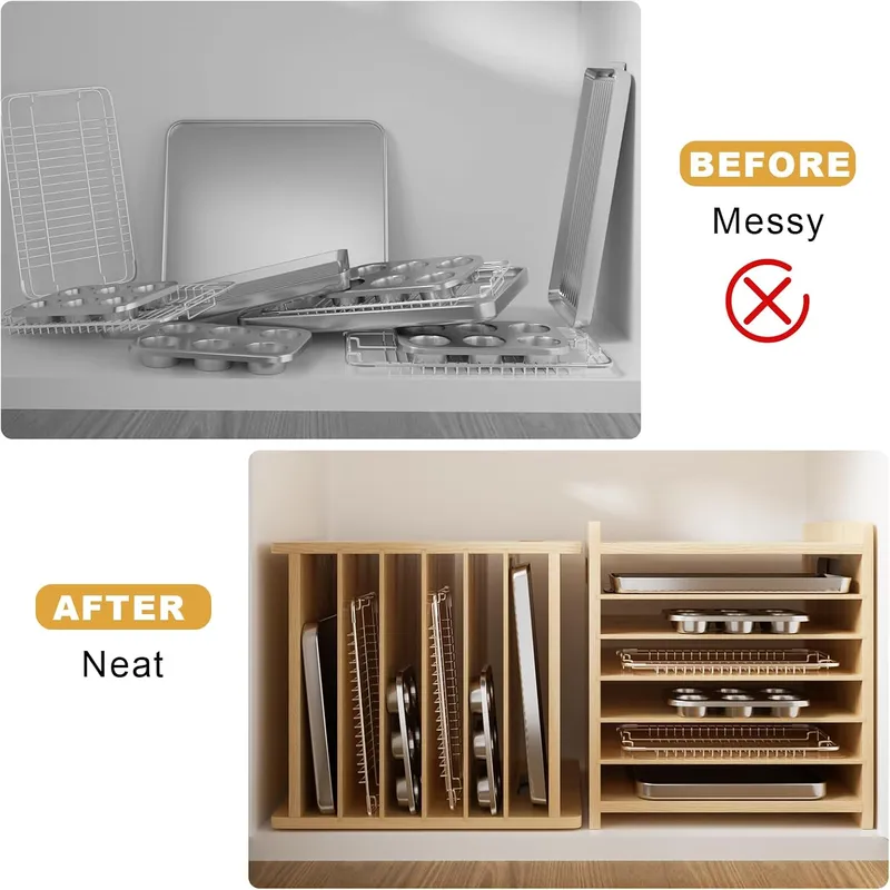 7단 나무 트레이 칸막이, 쿠키 시트 정리대, 냄비와  - Kitchen Cabinet Baking Sheet Organizer 리뷰 및 가격